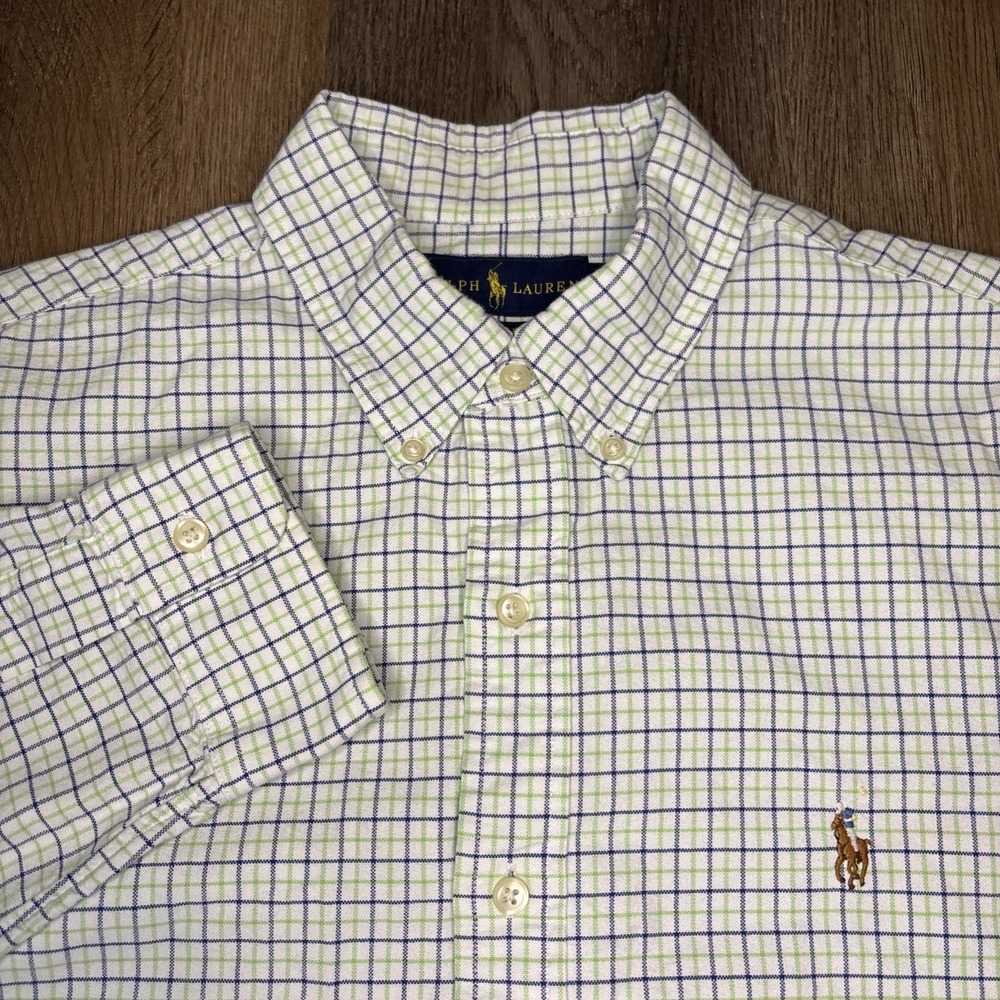 Ralph Lauren Shirt Mens Large Blue Green Plaid Heavyweight Flesh Pony Custom Fit